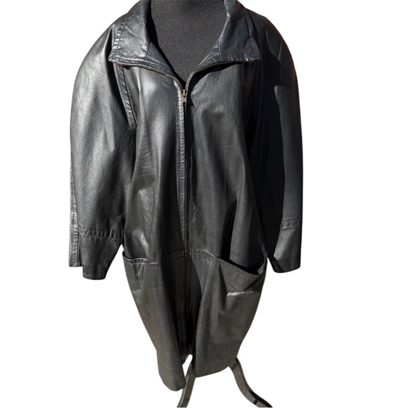 Etienne Aigner Jackets & Blazers - Vintage Etiennie Aigner Long black Leather dress coat Women's Goth sz M 80's